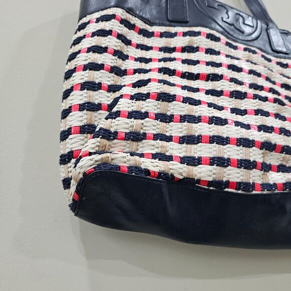 Tory Burch Raffia Woven Straw Leather Tote Bag Multicolor Picnic Beach Casual - Picture 5 of 16